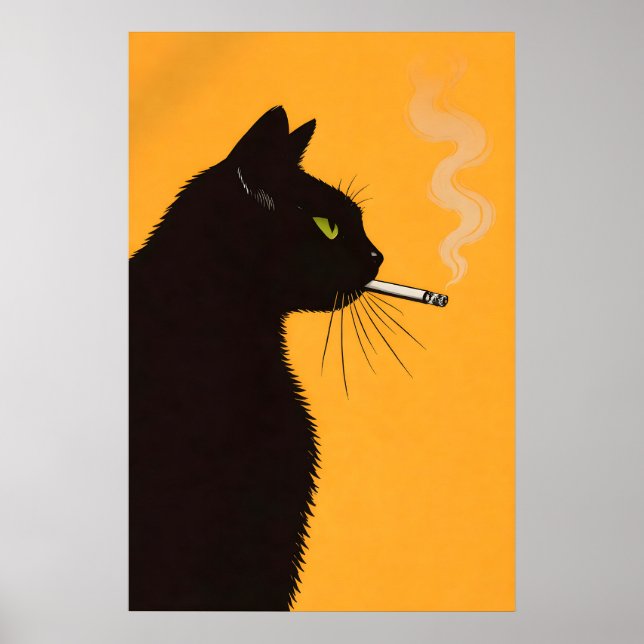 Svart katt rökande affisch, Retro katt väggkonst (Framsidan)