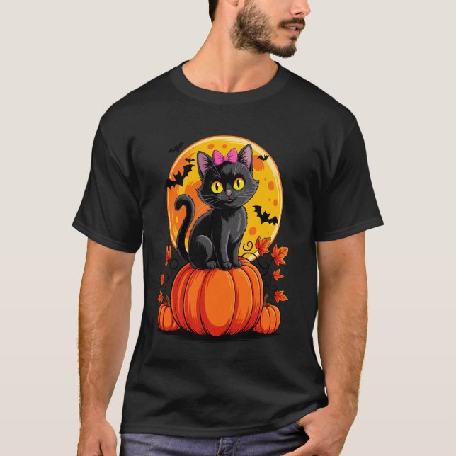 Svart katt rosa båge pumpa Halloween kostym Höst  T Shirt (Framsida)