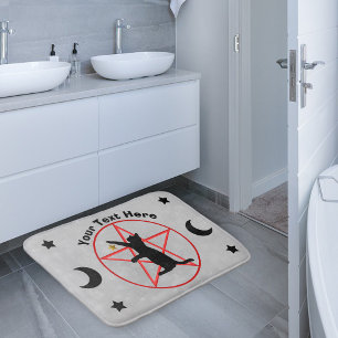 Svart katt rött pentagram stjärnor månar grå badrumsmatta