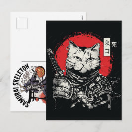 Svart Katt Samuraj Japansk Krigare Vintage Helg Vykort