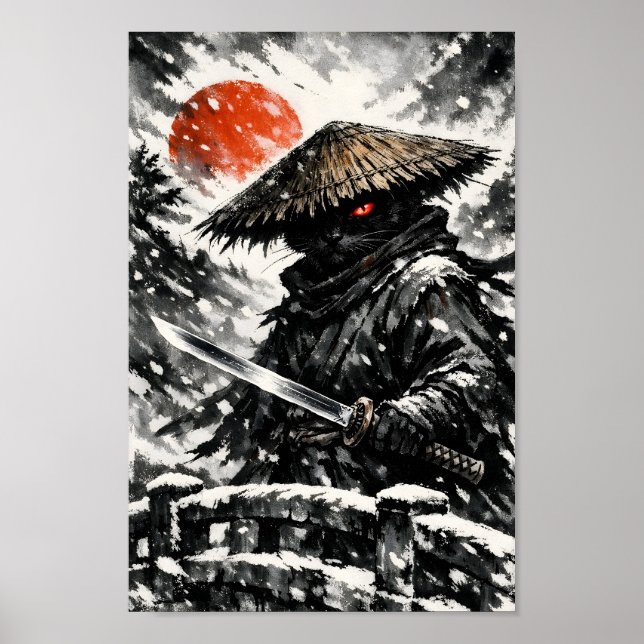 Svart Katt Samuraj Ronin Katana Vinter Sol Sumi-e  Poster (Framsidan)