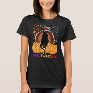 Svart Katt Santa Hatt Glad Hallothanksmas Pumpa S T Shirt