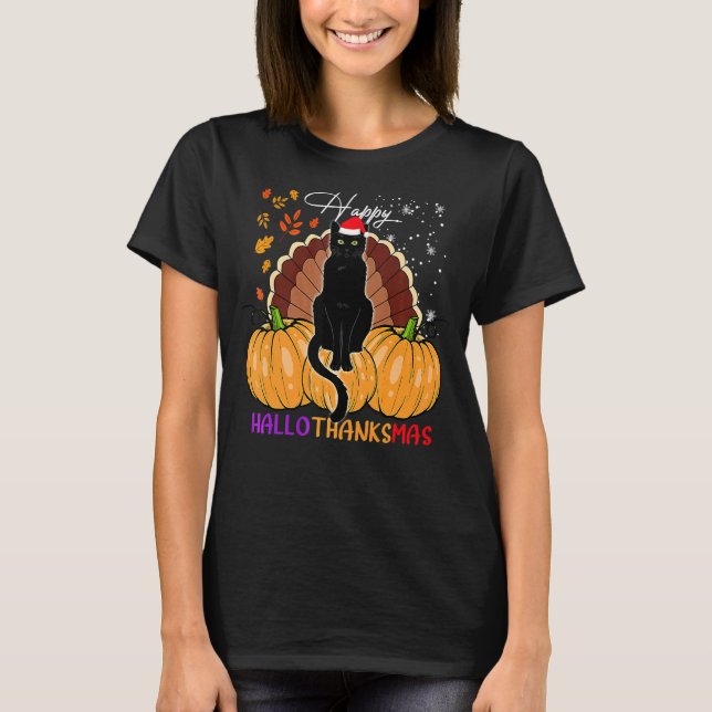 Svart Katt Santa Hatt Glad Hallothanksmas Pumpa S T Shirt (Framsida)