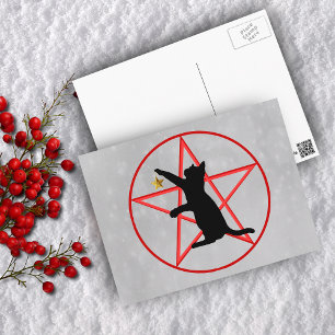 Svart katt Silhuett Guldstjärna Röd Pentagram Grå Vykort