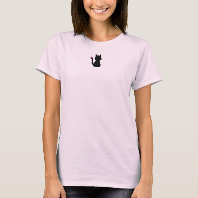 Svart Katt Silhuett Rosa Fjäril T Shirt (Framsida)