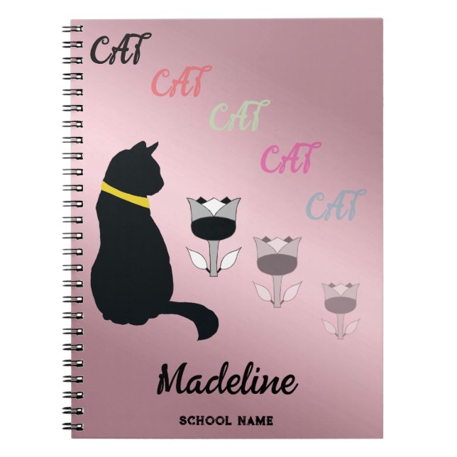 Svart Katt Siluett Ändra Text & Blomma Opacitet Anteckningsbok (Framsidan)