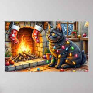 Svart katt sittande vid öppen spis med julbelysnin poster