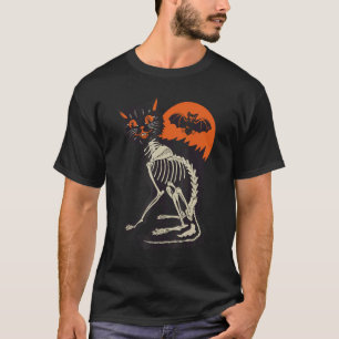 Svart Katt Skelett Blodmåne Skräck Nätter Högtid T Shirt