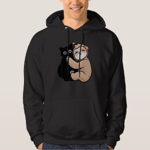Svart katt Sloth Kärlek Kattunge Adsible Girls Bla Hoodie