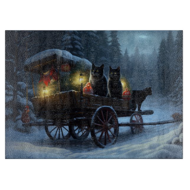 Svart katt Snöig slädfärd juldekoration   (Framsidan)