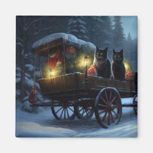 Svart katt Snöig slädfärd juldekoration Magnet