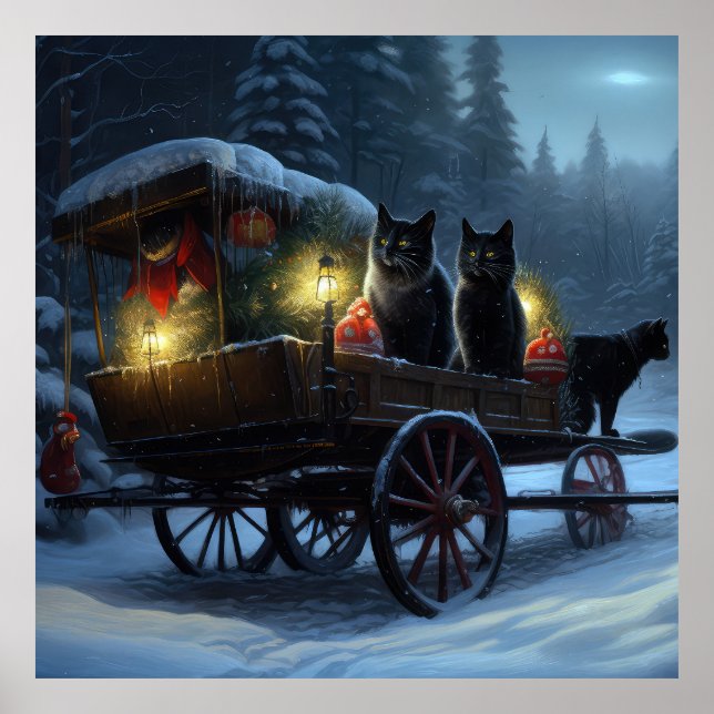 Svart Katt Snöig Slädtur Juldekoration Poster (Framsidan)