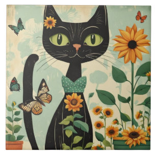 Svart katt, solblommor, fjärilar, infödd konst kakelplatta