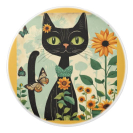 Svart katt, solblommor, fjärilar, infödd konst knopp