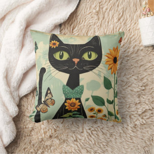Svart katt, solblommor, fjärilar, infödd konst kudde