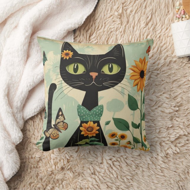 Svart katt, solblommor, fjärilar, infödd konst kudde (Filt)