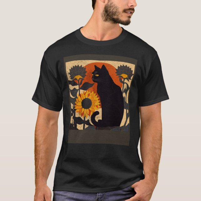 Svart katt som ammar solros t shirt (Framsida)