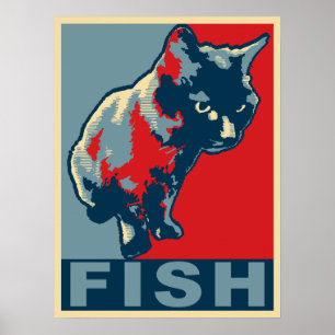 Svart katt som är hungrig för fisken - röd poster