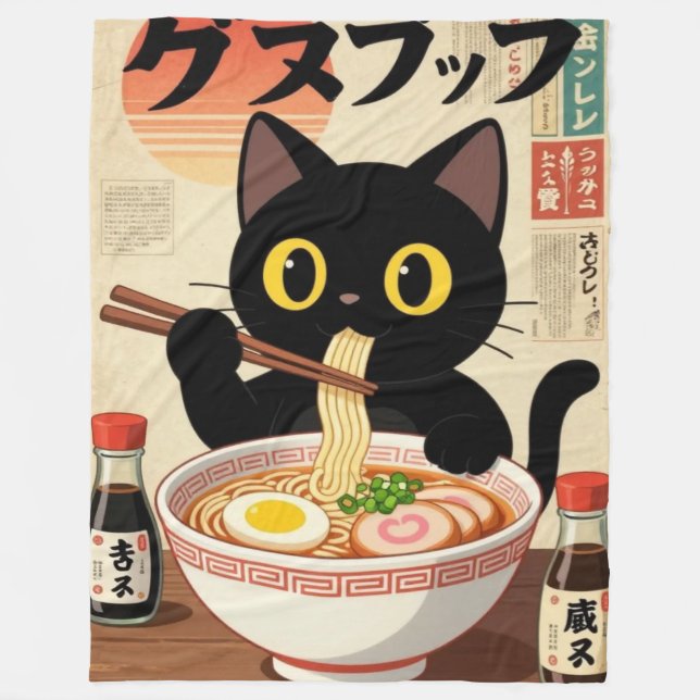 Svart katt som äter Ramen-affisch – Japansk Retro  Fleecefilt (Framsidan)