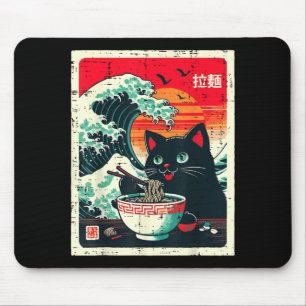 Svart katt som äter Ramen japansk våg nudel kvinno Musmatta