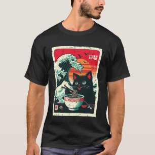Svart katt som äter Ramen japansk våg nudel kvinno T Shirt