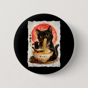 Svart katt som äter Ramen Söt Kawaii Anime Katt Knapp