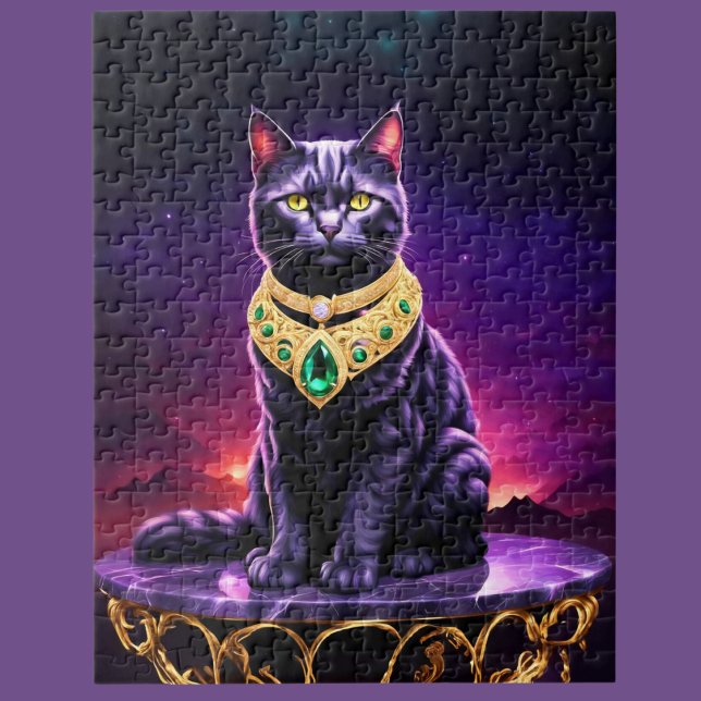 Svart katt som bär grön ädelsten i solnedgång pussel (A fun cat loving puzzle!!)