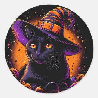 Svart katt som bär häxhatt Halloween-dekaler Runt Klistermärke