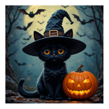 Svart katt som bär häxhatt Halloween