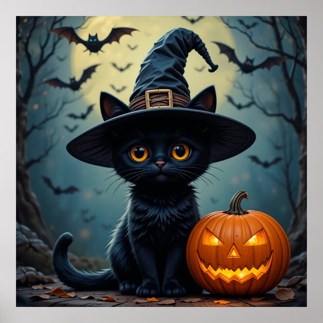 Svart katt som bär häxhatt Halloween Poster (Framsidan)