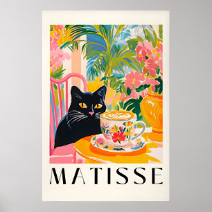 Svart katt som dricker kaffe rolig Matisse-stil Poster