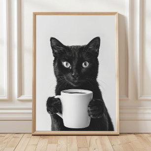 Svart katt som dricker kaffe väggkonst, svart och poster