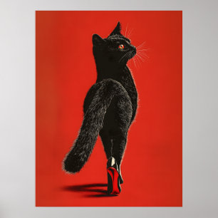 Svart katt som går catwalken – modeillustration poster