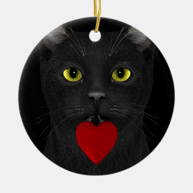 Svart katt som ger en present julgransprydnad keramik (Framsidan)