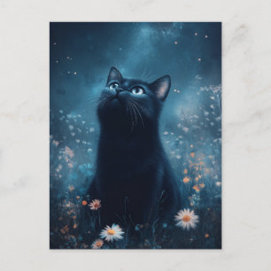 Svart katt som glor på Blå Stjärna nebulosan Natts Vykort