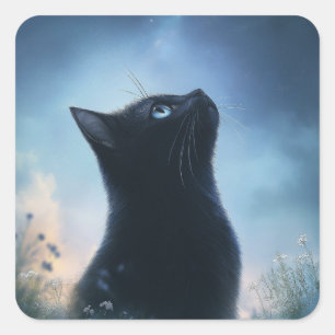 Svart katt som glor på en stjärnhimmel fyrkantigt klistermärke