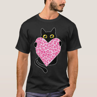Svart katt som håller Leopard Rosa Hjärtas Alla hj T Shirt