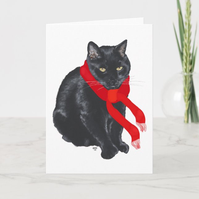 Svart katt som håller sig varm vid jul helgkort (Framsida)