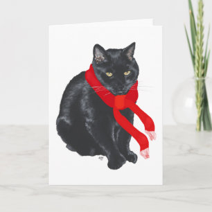 Svart katt som håller sig varm vid jul helgkort