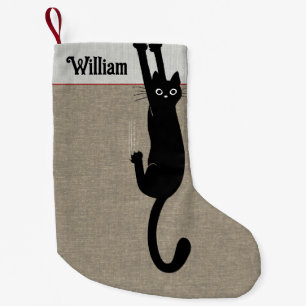 Svart katt som hänger på roliga kattälskare liten julstrumpa