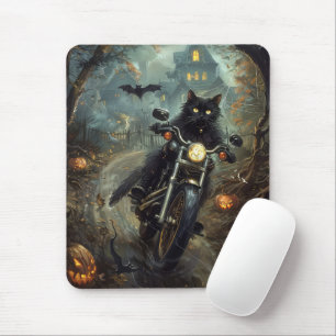 Svart katt som kör motorcykel Halloween skrämmande Musmatta