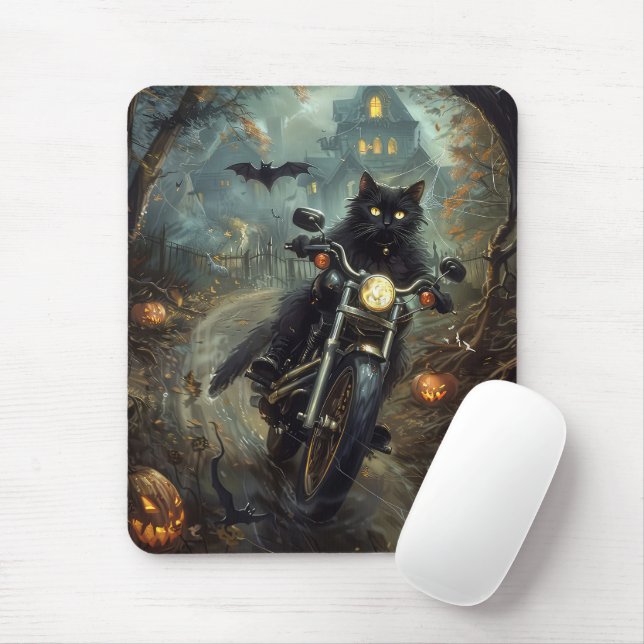 Svart katt som kör motorcykel Halloween skrämmande Musmatta (Med mus)
