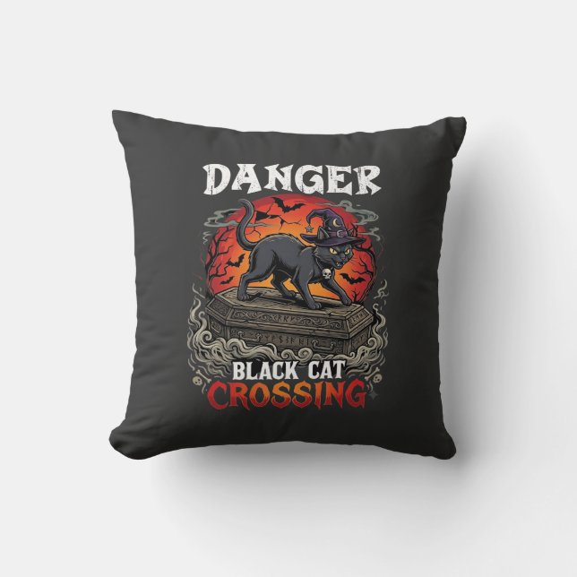Svart katt som korsar Halloween-häxa hattkaffe Kudde (Framsida)