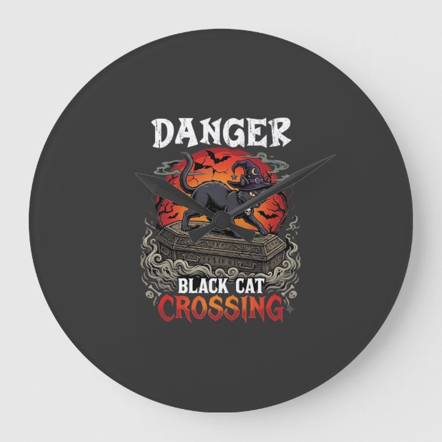 Svart katt som korsar Halloween-häxa hattkaffe Stor Klocka (Framsida)