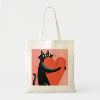 Svart katt som kramar hjärta Retro kattälskare Tygkasse