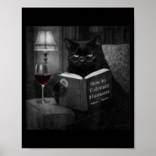 Svart katt som läser bok Rolig retro katt foto hum Poster