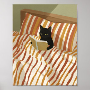 Svart katt som läser i säng   Fredlig sovrum   Kat Poster