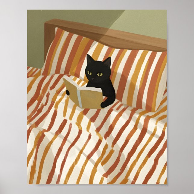 Svart katt som läser i säng | Fredlig sovrum | Kat Poster (Framsidan)