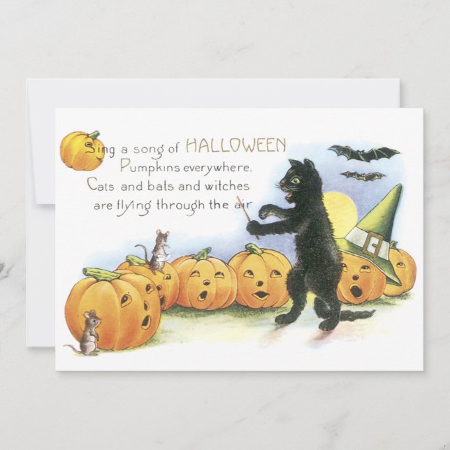 Svart katt som leder Jack O' Lantern Halloween-kör Kort (Framsida)