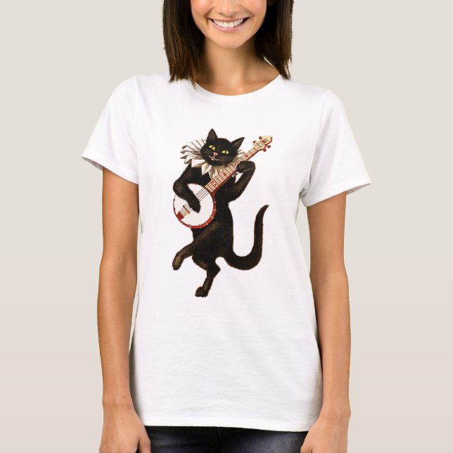 Svart katt som leker banjoen t-shirt (Framsida)